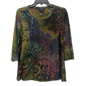 Ali Miles Womens Small Petite Pullover Blouse PS Mossy Print Multicolor Texture